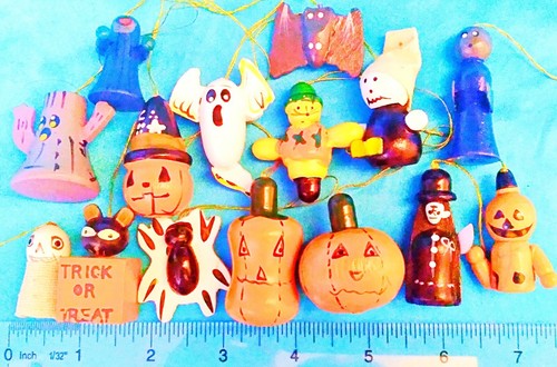 14er Set - Halloween Kürbis Spinne Geist Fledermaus Vintage Holz Ornamente.
