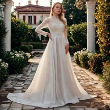 Elegant Long Lace Sleeve High Neck Wedding Dresses A-Line Bridal Gown Chiffon