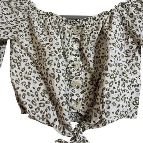 Mooloola Top Siz 8 Brown Floral Cropped 3/4 Sleeve Boat Neck Button Up Tie Waist - Picture 4 of 16