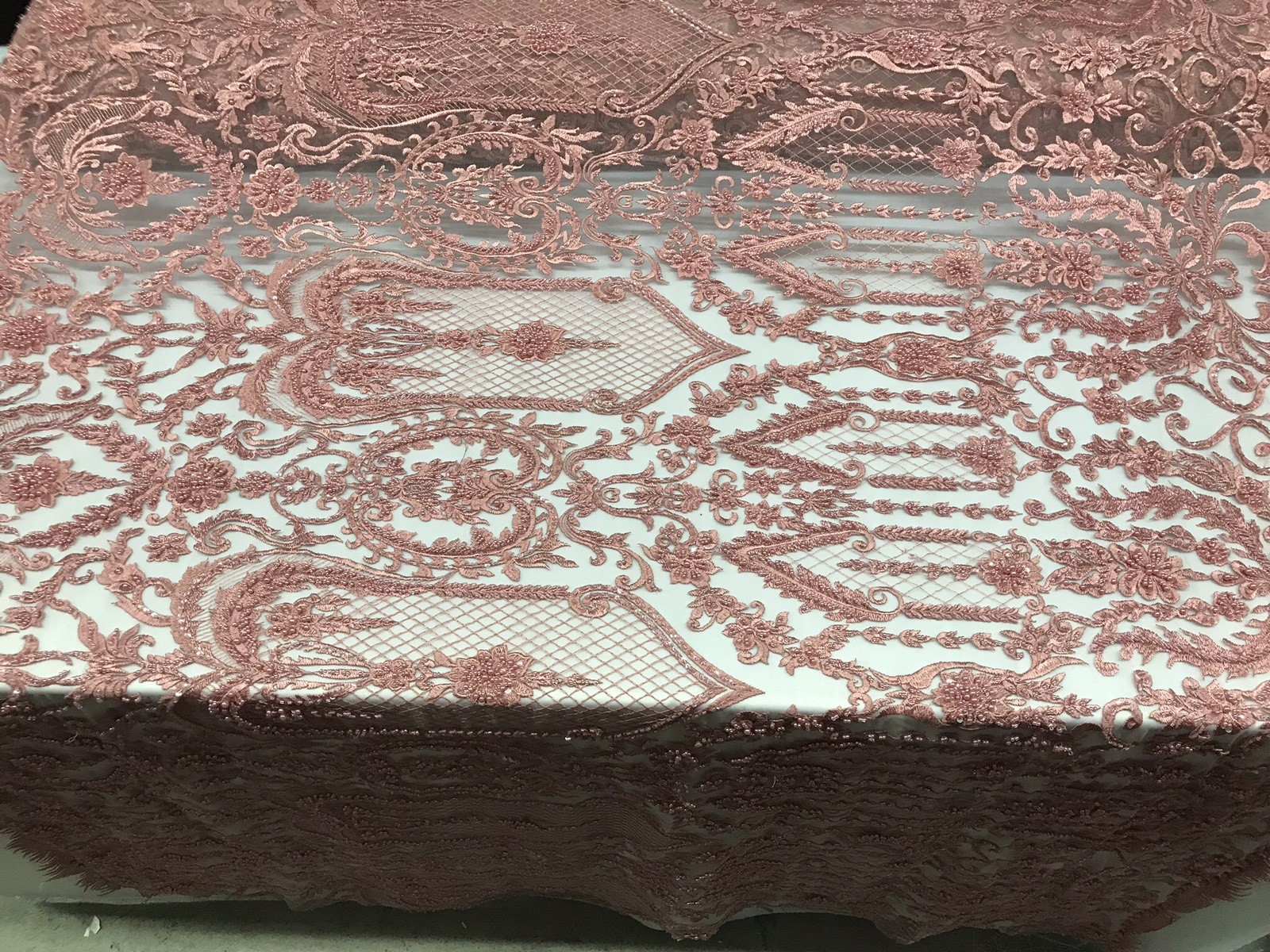 Embroidered Fabric Dusty Rose Beaded Bridal Veil Wedding Dress Lace Flower BTY Goedkope aanbiedingen