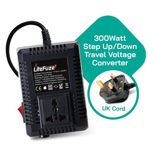 LiteFuze LC-300UK 300W Travel Voltage Converter - UK Cord - Step Up/Down - Afbeelding 2 van 10