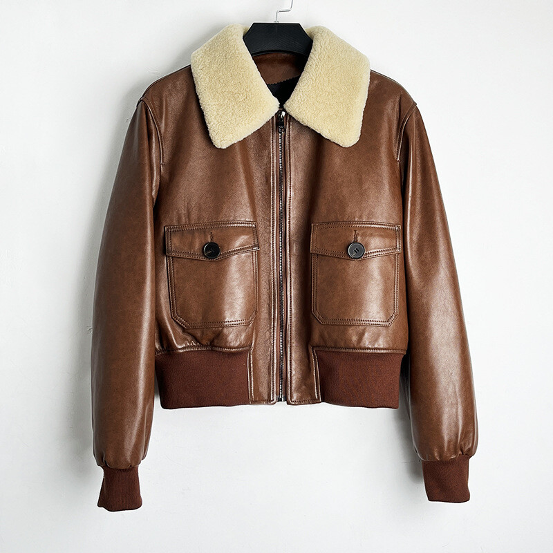 ジャケット・アウター 90s Vtg short real leather down jacket Retro American Style Winter Womens Real Leather Down Jacket