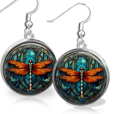 Dragonfly Earrings Teal Blue Boho Art Nouveau Art Print Sterling Silver Dangle