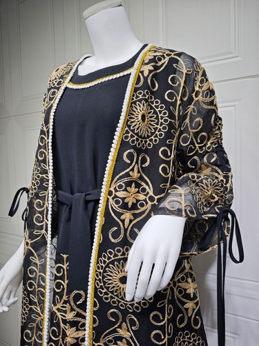 Dubai offener Kaftan Abaya Damen langes Kleid Set muslimischer Kimono Morgenmantel Abendkleid - Bild 18 von 24