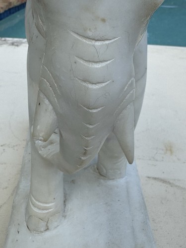 Antique Hand Carved White Marble Elephant Sculpture on Marble Base - Picture 7 of 24