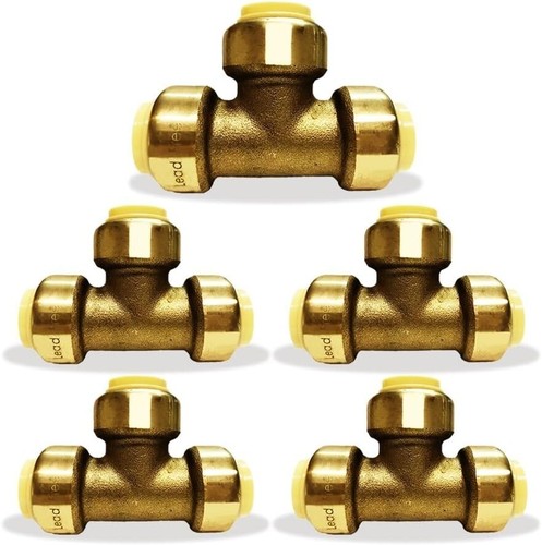 Push-Fit Fitting 1/2" Tee Brass to Connect Plumbing PEX, Copper, CPVC Pack of 5