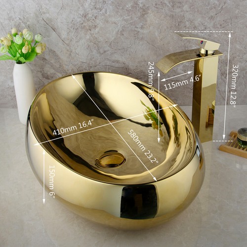 23" Gold Ceramic Oval Basin Bowl Lavatory Vessel Sink Tap Mixer Faucet Pop Drain - Bild 2 von 5