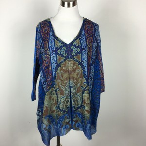 Live-and-Let-Live-2X-Top-Blouse-Blue-World-Print-Embellished-V-Neck-3-4-Sleeve