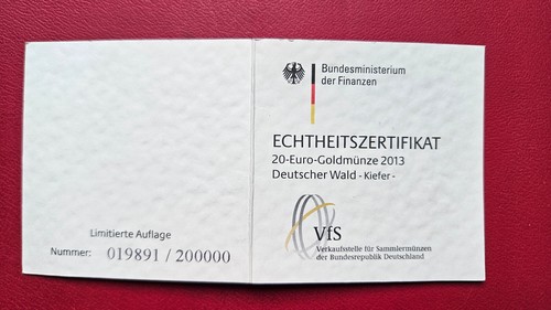20 Euro 2013 Gold Deutscher Wald, Motiv Kiefer + Zertifikat Originalbild - Bild 3 von 4