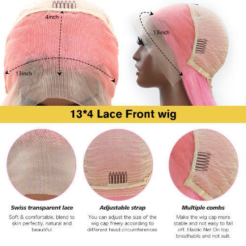 Pink Wig Bone Straight 13x4 Glueless Human Hair Lace Frontal Wig Brazilian Pink - Picture 6 of 11