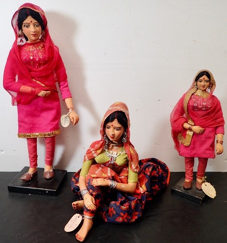 (3) VINTAGE TRADITIONAL CLOTHING INDIA FOLK ART  DOLLS HAND MADE 10" to 14" - Picture 1 of 24
