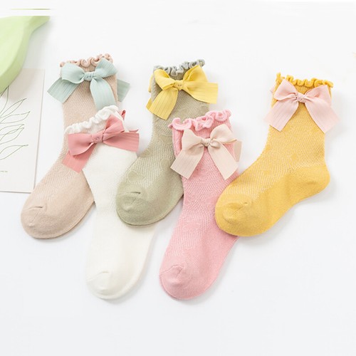 5Pairs Baby Girls Princess Bow Socks Set Summer Mesh Thin Breathable Cotton Sock - Picture 3 of 14