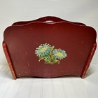 Antique Mid Century Magazine Rack Caddy Box Wooden Painted Flowers Red