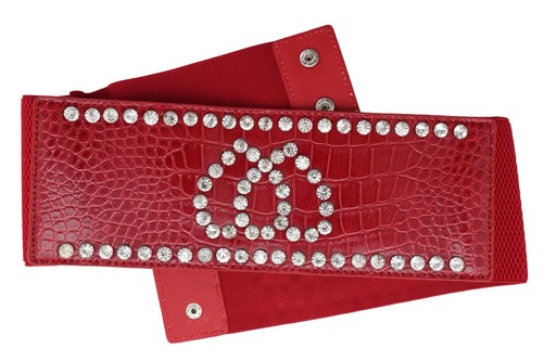 Women Red Elastic Wide Belt Hip High Waist Silver Heart Love Friendship Size S M - Picture 22 of 23