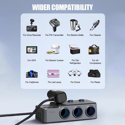 3Socket Multiple Cigarette Lighter Adapter Outlet Splitter Multi USB Car Charger - Picture 12 of 12