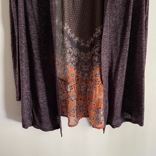 Maurices Women XS Purple Floral Chiffon Back Boho Open Front Cardigan Sweater - Picture 2 of 10