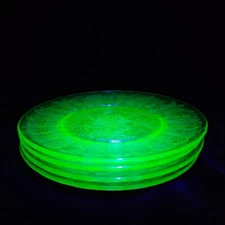 Jeannette Green Poinsettia Uranium Glass Salad Plates UV Glows USA Vintag 8" - 4