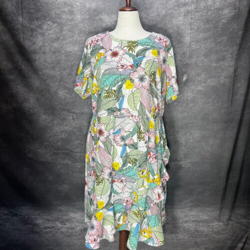 Apt 9 Floral Dress Plus Size 2X White Pink Ruffle Hem Hibiscus Tropical A-Line