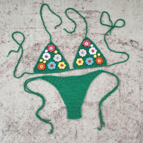 Set bikini all'uncinetto a mano confezione da 2 applique floreale supporto copertura superiore fondo stringato - Foto 2 di 7