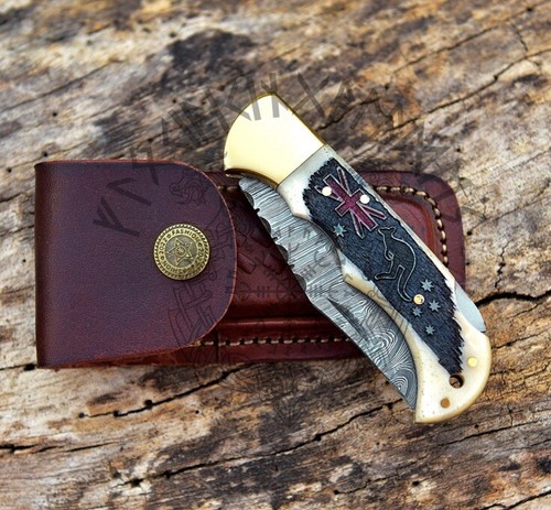 damascus folding knife With Leather Sheath And Bone Handle With Australia Flag - Picture 5 of 8