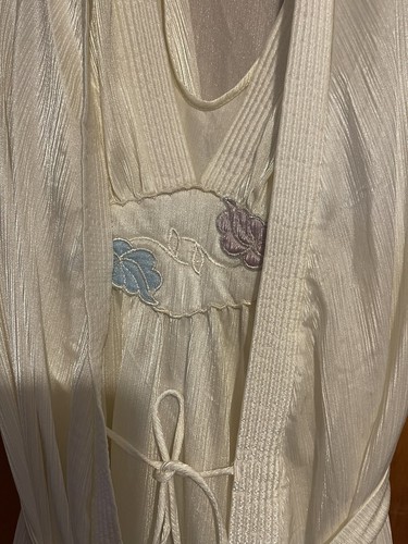 Vintage Val Mode geblümt lang elfenbein Nachthemd Morgenmantel Set Braut romantisch Damen Gr. M - Bild 2 von 5