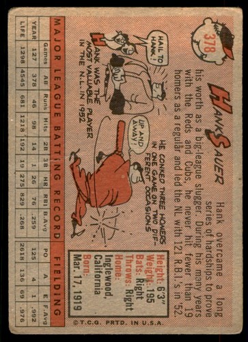 1958 Topps Hank Sauer San Francisco Giants #378 - Picture 2 of 2