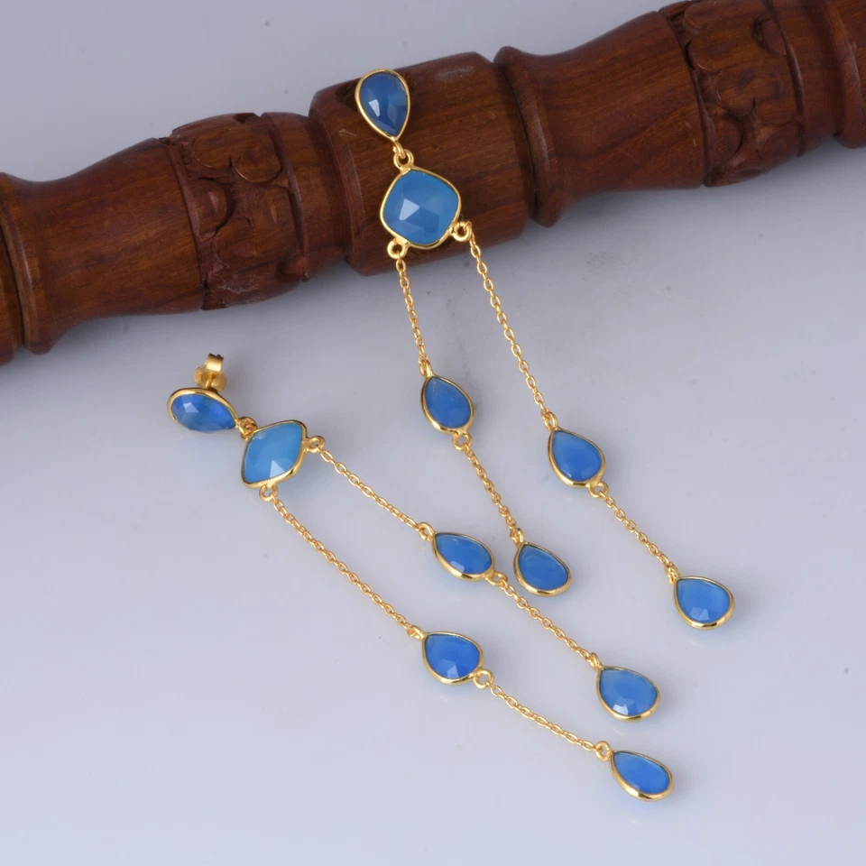 Long Chain Earrings Yellow Gold Plated Blue Chalcedony Gemstone Dangle Earring - Image 4 of 4