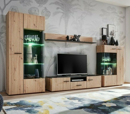 Wohnwand Schrankwand SOLIDO - Weiß Hochglanz, Holzoptik mit Led Beleuchtung - Bild 2 von 10