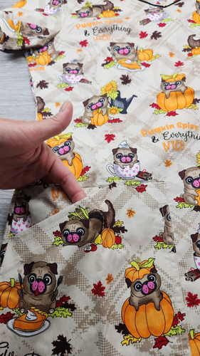 Pugkin Spice Cherokee Scrubs Thanksgiving Pug Dog V Neck Top CK646 PGSS SMALL - Picture 6 of 9