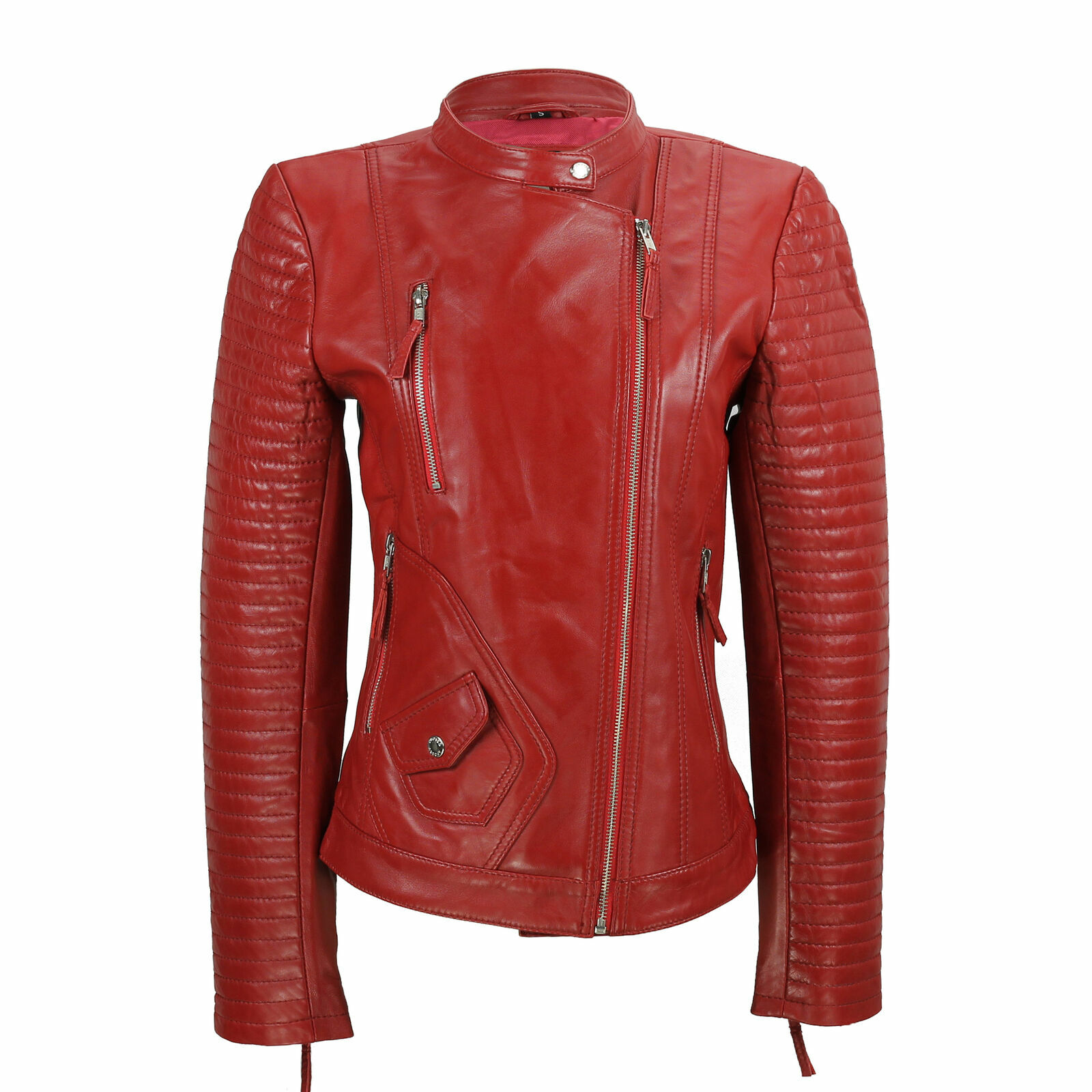 Donna da Reale Morbido Nappa Pelle Biker Giacca Vintage Aderente Stile Rosso