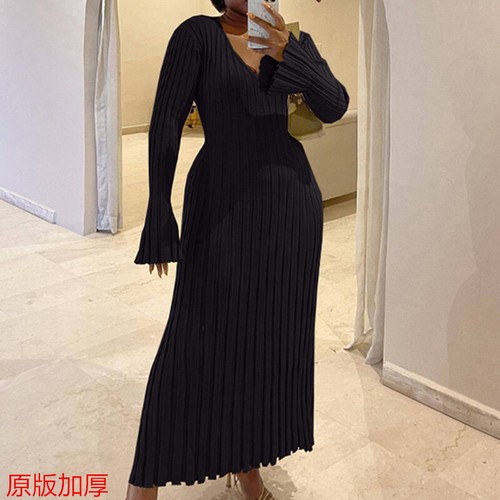Knitted Dress Casual Waist V-neck Large Striped Knitted Dress Women (thickened) - Bild 8 von 36