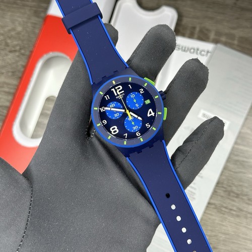 NEW✅ Swatch Chrono BLEU SUR BLEU Navy Blue Date Dial Mens Silicone Watch SUSN409 - Picture 3 of 16