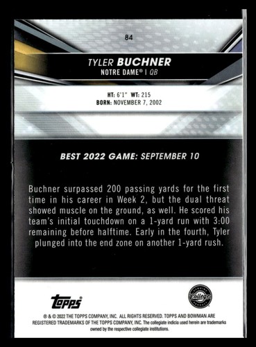 2022 Bowman's Best University Tyler Buchner #84 Notre Dame - Picture 2 of 2