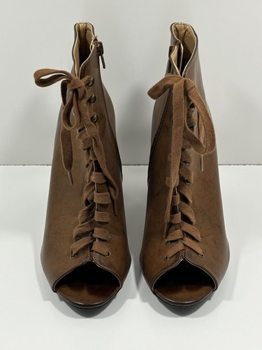 Cato Women's Ankle Boots Size 10 Brown Open Toe Lace Up Tie Heels - Picture 2 of 9
