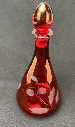 Vintage Glass Decanter Cranberry Glass Red Cut To Clear 11" Inch with Stopper - Picture 2 of 6