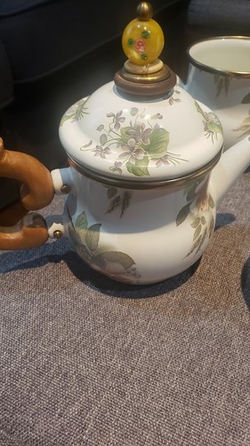 Pre-owned 1995 Camp MacKenzie Childs Ltd White Floral Enamelware 6pcTea Set - Picture 4 of 12