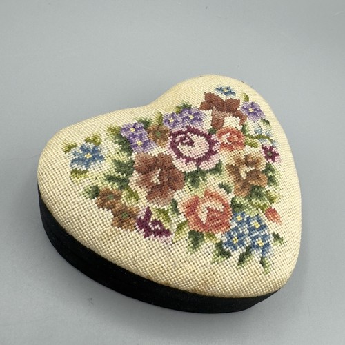 Vintage Trinket Box Petite Point Needlepoint Cross Stitch Floral Heart Shape Lid