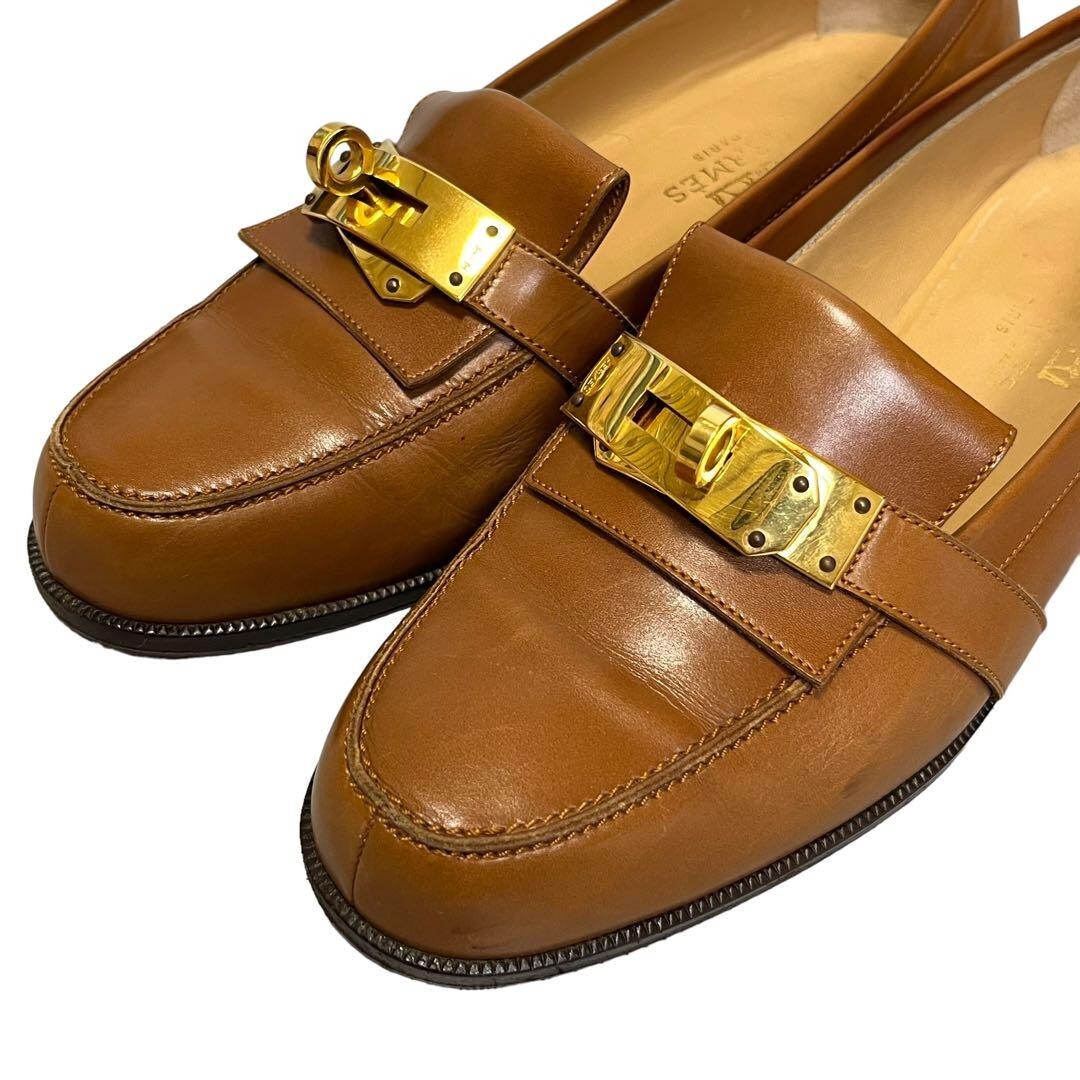 Hermes Brown Gold Kelly Loafer Pumps Heel Leather Flat Shoes Hermes Brown Gold Kelly Loafer Pumps Heel Leather Flat Shoes