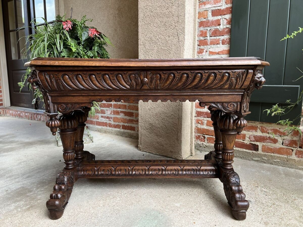 Antique French Carved Oak Dolphin Library Table Desk Antique French Carved Oak Dolphin Library Table Desk