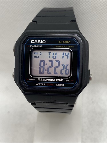Getragene Casio Illuminator 3454 W-217H WR 50M Uhr, schwarzes Resinband, Alarm funktioniert!