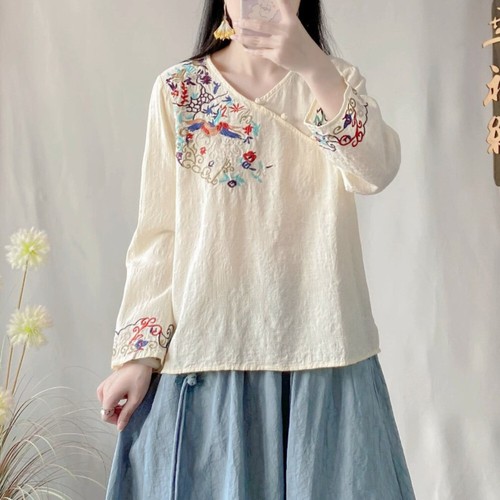 Lady Embroidered Chinese Shirts Tops Blouse T-shirts Retro Ethnic Floral Vintage - Picture 12 of 12