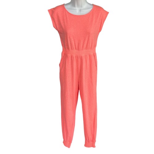 GB Girls Neon Coral Pink Short Sleeve Elastic Waist Ankle Jumpsuit Pockets Large - Picture 1 of 4