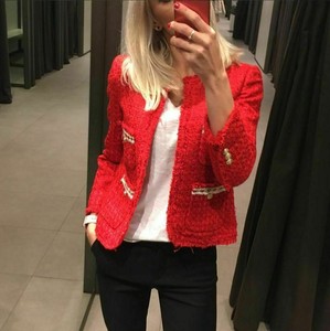 zara tweed jacket red