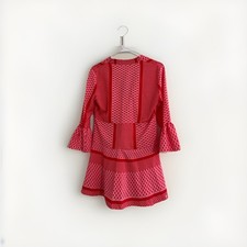 Pink Geometric A-Line Dress V-Neck Bell Sleeve Ruffle Accent Casual Short