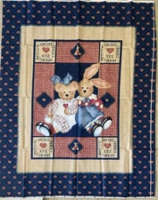 Vintage Americana quilt fabric panel , first friends, quilt, teddy bear 1997 cot
