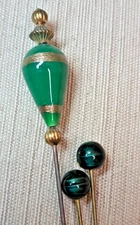 Stunning Lot of 3 Vintage Style Hatpins Green Glass & Gold Tone Long Hat Pin Set