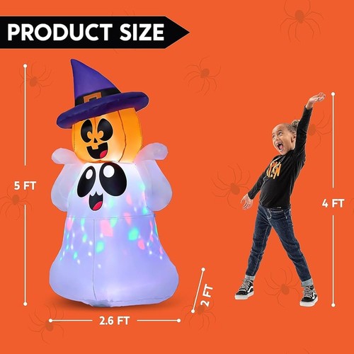 5ft Inflatable Ghost W/ Pumpkin Head & Witch Hat LED Lights Halloween Decor New - Picture 5 of 33