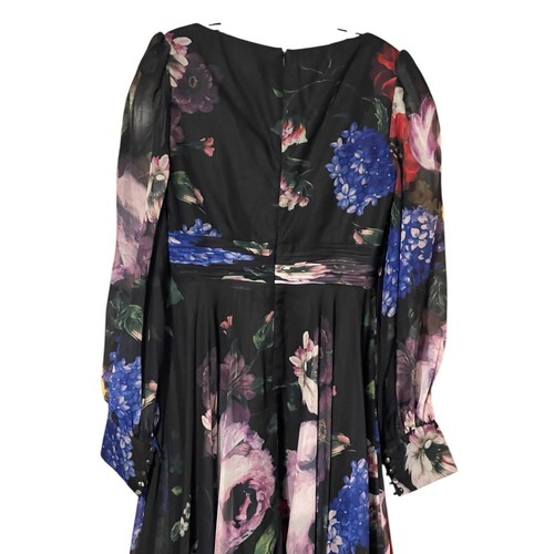 Vestido Mac Duggal NUEVO Talla 8 67872 Negro Chifón Manga Bishop Estampado Floral  - Imagen 7 de 11