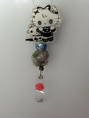 Horror Pink Black Cat Character Bead Rectractable Badge Reel ID Holder Clip