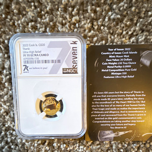 NGC PF70 UCAM 2022 Cook Islands G$20 Titanic UHR Gold .9999 Coin
